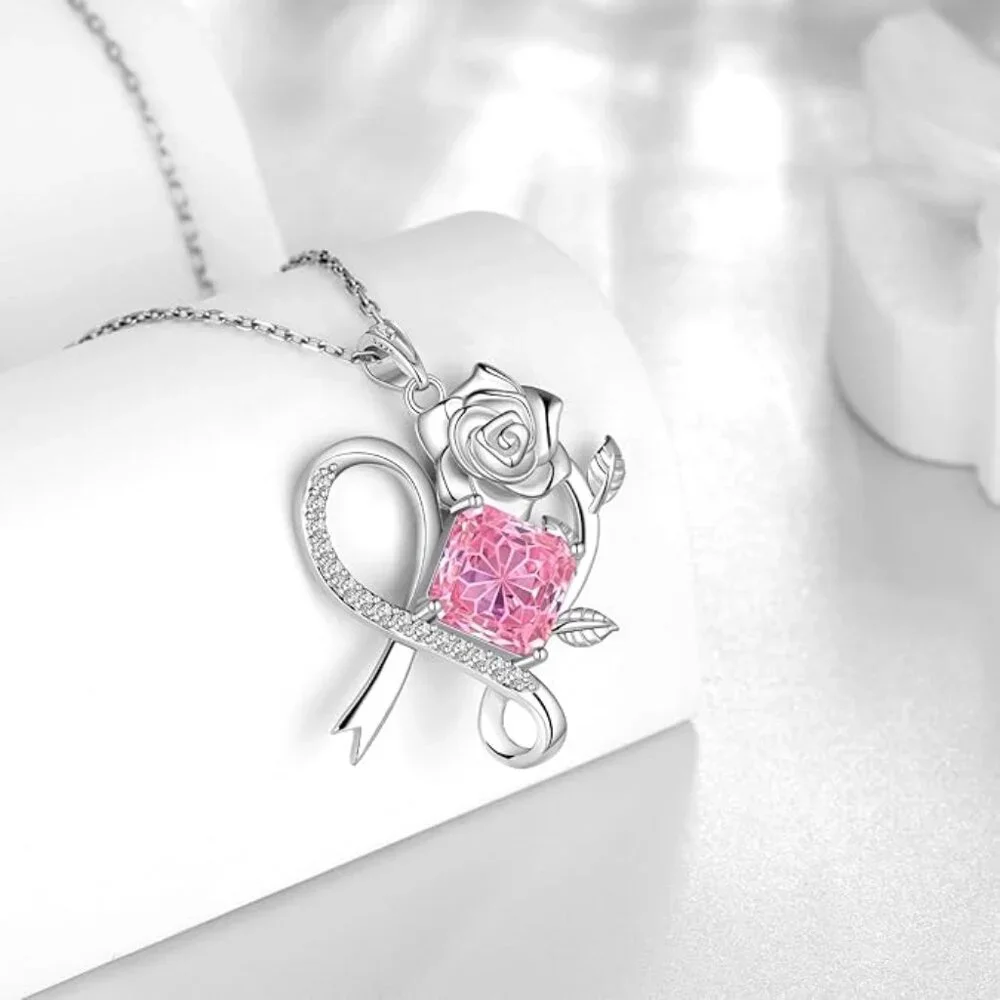Sterling Silver Pink Heart Ribbon Necklace Breast Cancer Awareness Pendant NWT - Picture 2 of 6